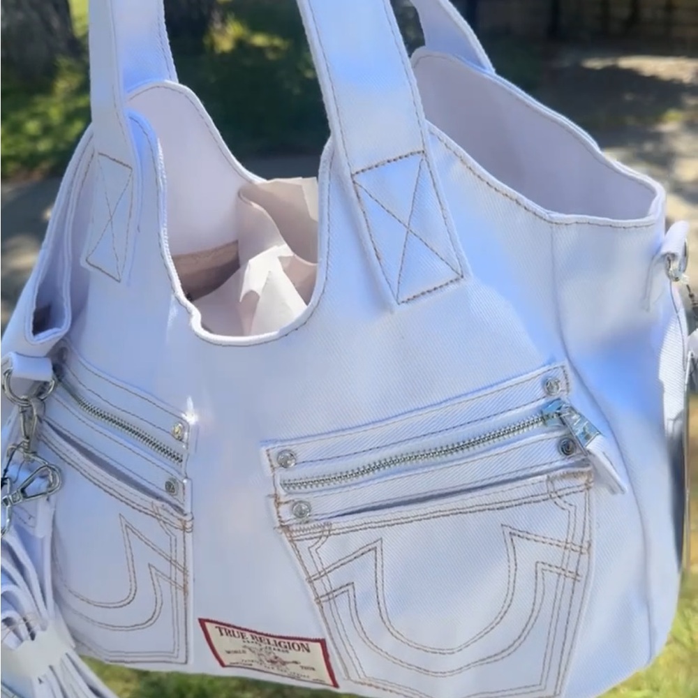 True Religion White Tote Bag with Distinctive Stitching